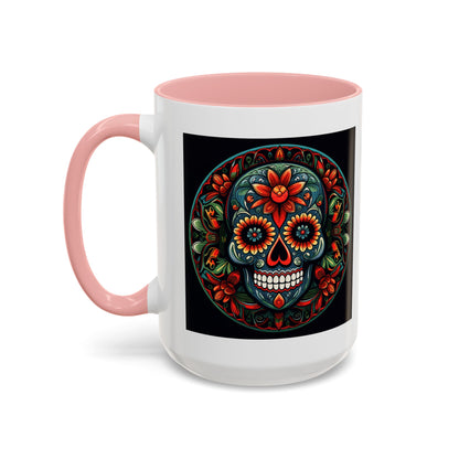 Day of the Dead Mandala Ceramic Coffee Mug (11oz, 15oz) – White Ceramic with Colored Interior & Handle | Glossy Finish & Lead/BPA-Free