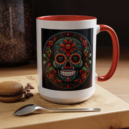 Day of the Dead Mandala Ceramic Coffee Mug (11oz, 15oz) – White Ceramic with Colored Interior & Handle | Glossy Finish & Lead/BPA-Free