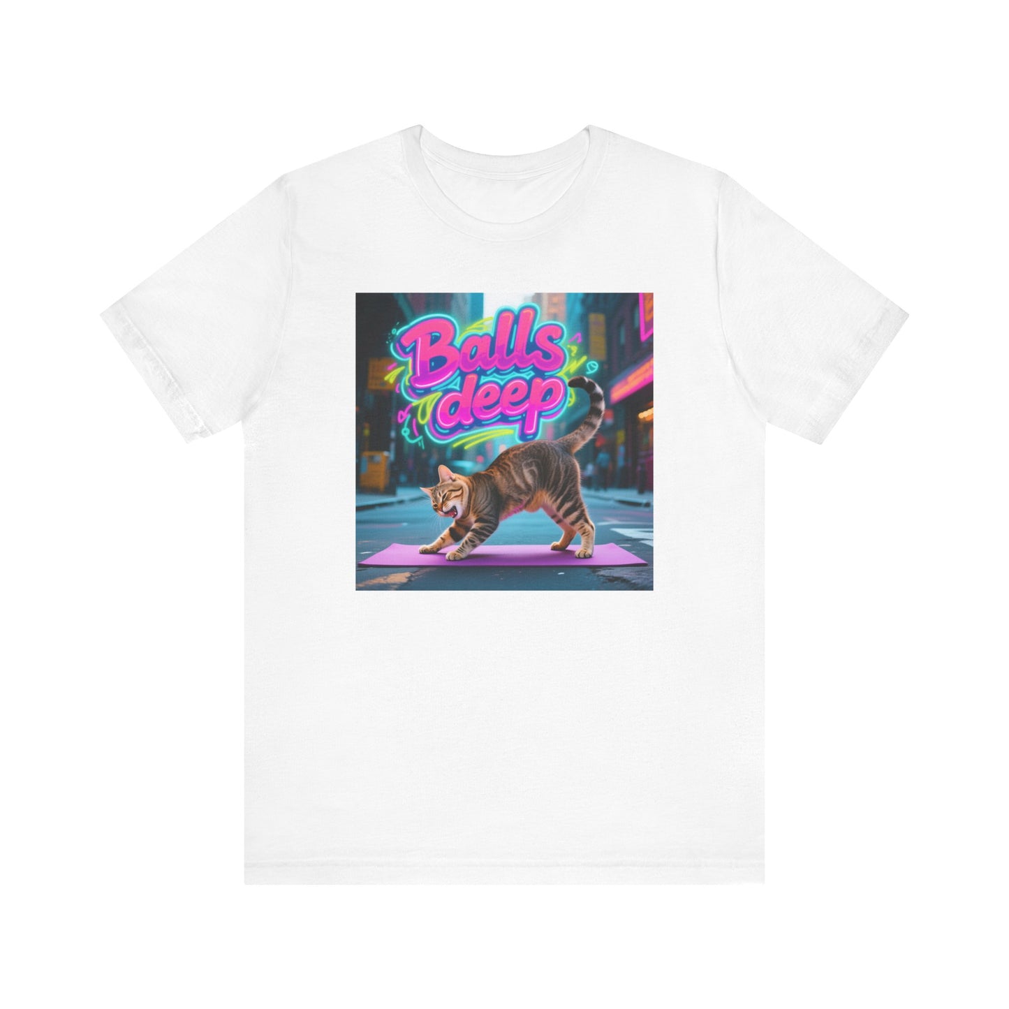 Balls Deep Yoga Cat T-Shirt - Unisex Jersey Short Sleeve Tee - Playful Feline Yoga Graphic Shirt