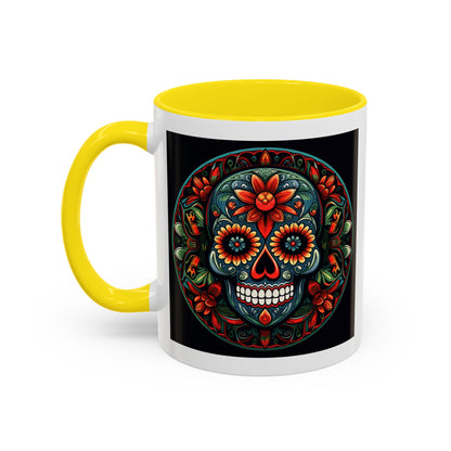 Day of the Dead Mandala Ceramic Coffee Mug (11oz, 15oz) – White Ceramic with Colored Interior & Handle | Glossy Finish & Lead/BPA-Free