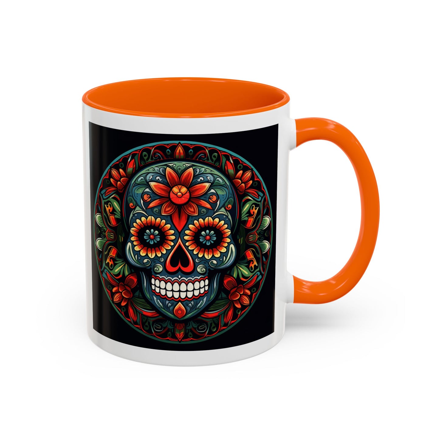 Day of the Dead Mandala Ceramic Coffee Mug (11oz, 15oz) – White Ceramic with Colored Interior & Handle | Glossy Finish & Lead/BPA-Free