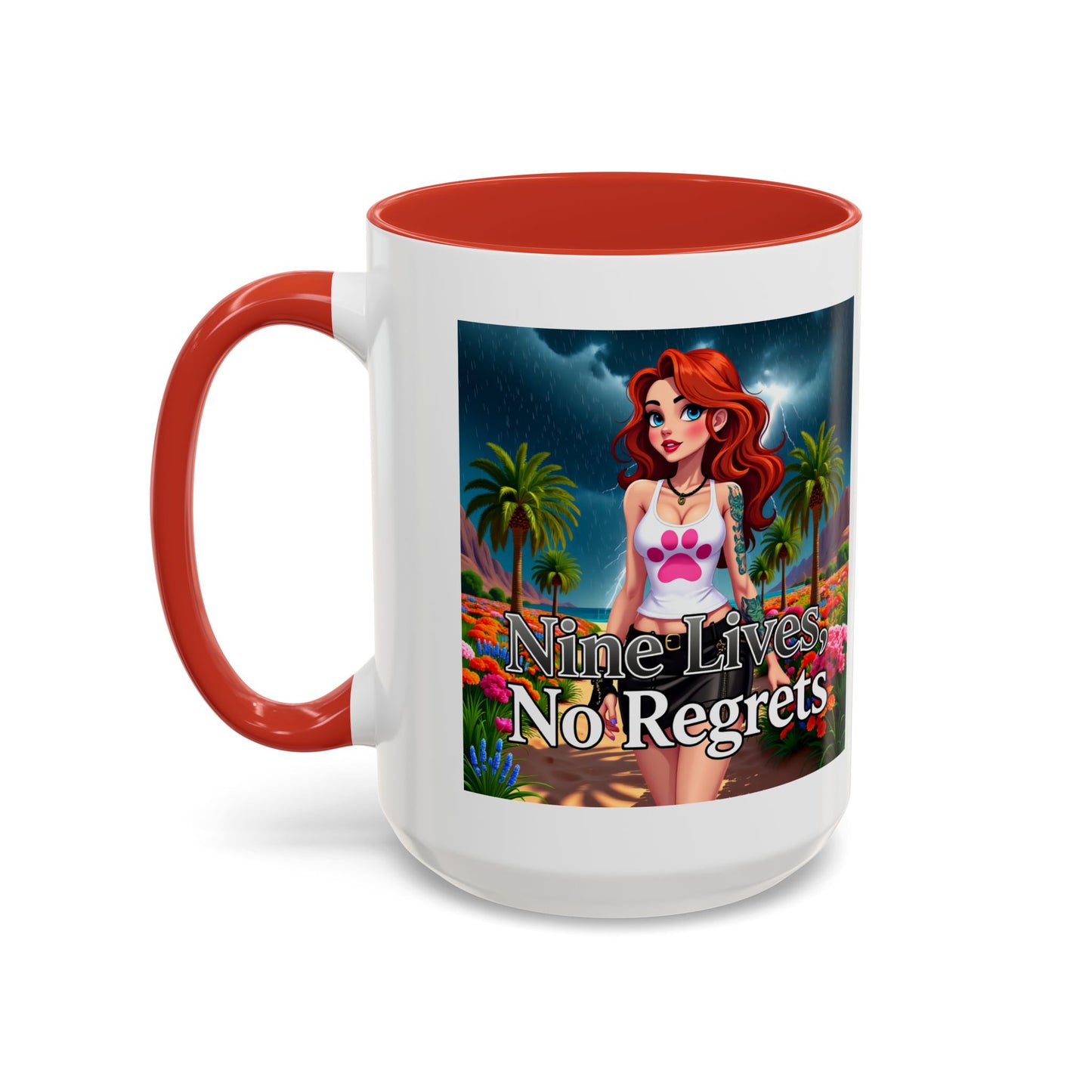 Confidant Woman with No Regrets Accent Coffee Mug (11oz, 15oz) – White Ceramic with Colored Interior & Handle | Glossy Finish & Lead/BPA-Free