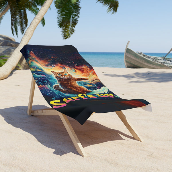 Cat Riding a Cosmic Wave Beach Towel – Vibrant Print for Sunny Days