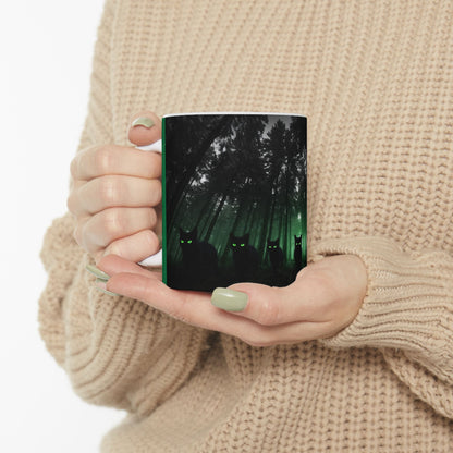 Group of Cats Walking Through the Woods Accent Coffee Mug (11oz, 15oz) – White Ceramic with Colored Interior & Handle | Glossy Finish & Lead/BPA-Free
