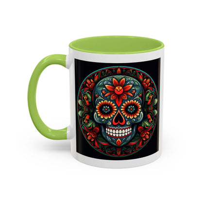 Day of the Dead Mandala Ceramic Coffee Mug (11oz, 15oz) – White Ceramic with Colored Interior & Handle | Glossy Finish & Lead/BPA-Free