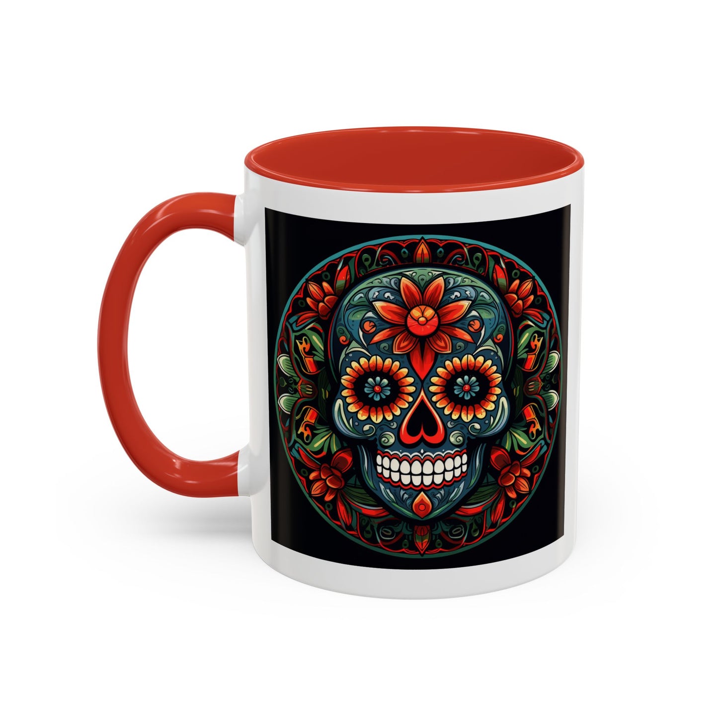Day of the Dead Mandala Ceramic Coffee Mug (11oz, 15oz) – White Ceramic with Colored Interior & Handle | Glossy Finish & Lead/BPA-Free