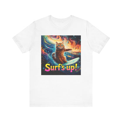 Surf's Up Cat Surfboard T-Shirt - Unisex Jersey Short Sleeve Tee - Funny Surfing Cat Graphic Shirt