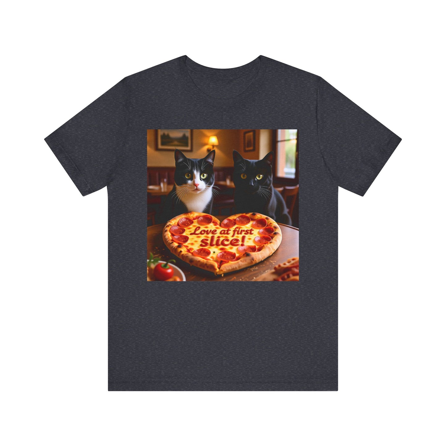 Love At First Slice Cat Pizza Date T-Shirt - Unisex Jersey Short Sleeve Tee - Funny Cat Lover Graphic Shirt