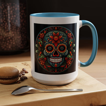Day of the Dead Mandala Ceramic Coffee Mug (11oz, 15oz) – White Ceramic with Colored Interior & Handle | Glossy Finish & Lead/BPA-Free