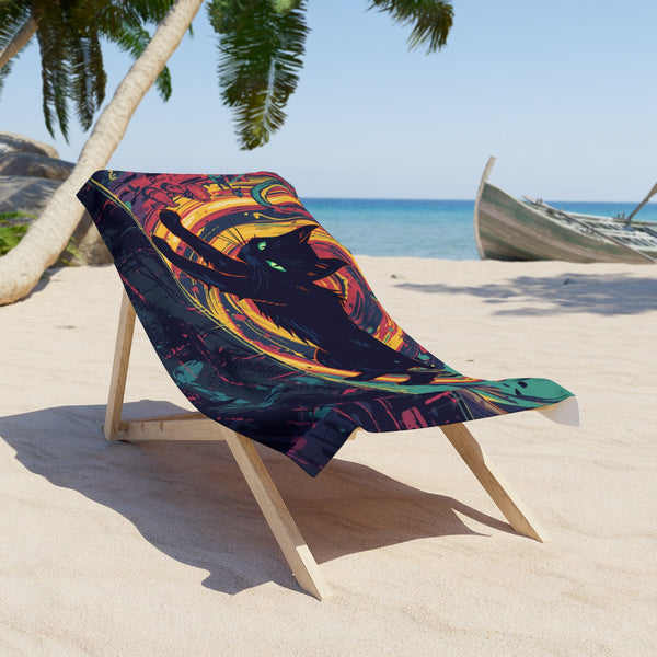 Psychedelic Cat Running Across a Brick Wall Beach Towel – Vibrant Print for Sunny Days