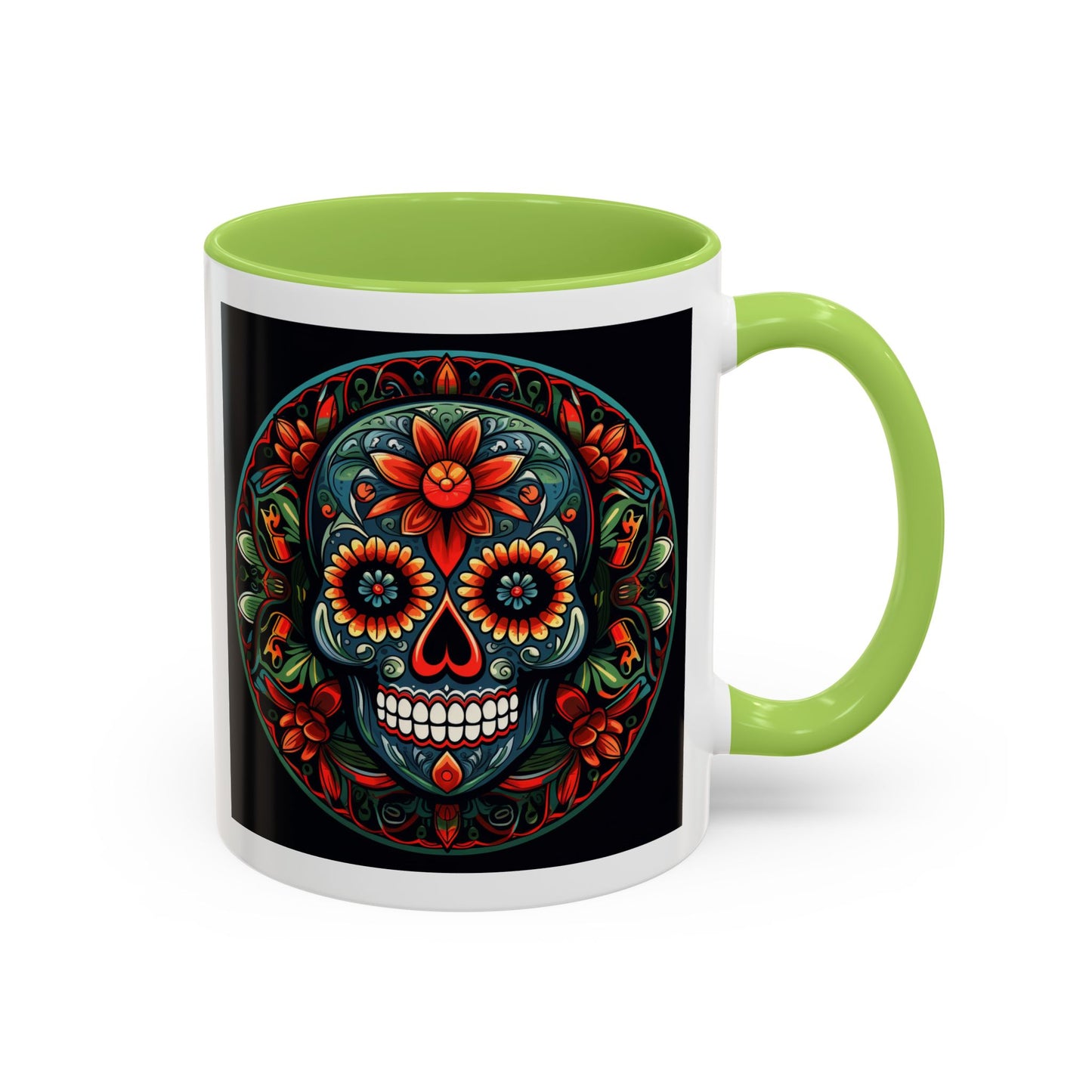 Day of the Dead Mandala Ceramic Coffee Mug (11oz, 15oz) – White Ceramic with Colored Interior & Handle | Glossy Finish & Lead/BPA-Free