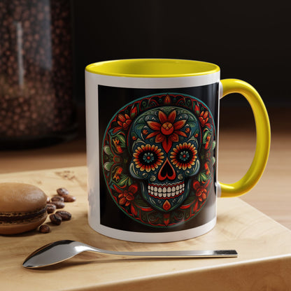 Day of the Dead Mandala Ceramic Coffee Mug (11oz, 15oz) – White Ceramic with Colored Interior & Handle | Glossy Finish & Lead/BPA-Free