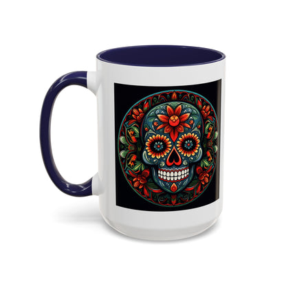 Day of the Dead Mandala Ceramic Coffee Mug (11oz, 15oz) – White Ceramic with Colored Interior & Handle | Glossy Finish & Lead/BPA-Free