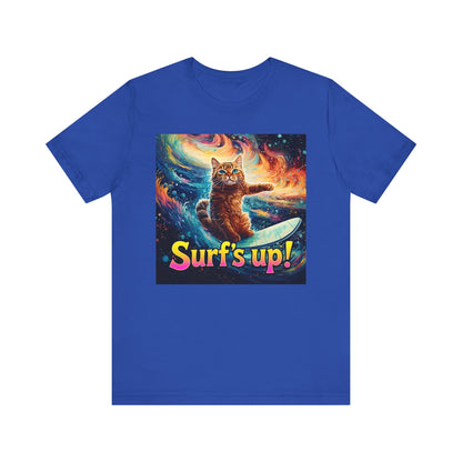 Surf's Up Cat Surfboard T-Shirt - Unisex Jersey Short Sleeve Tee - Funny Surfing Cat Graphic Shirt