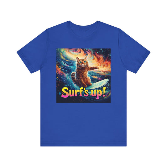 Surf's Up Cat Surfboard T-Shirt - Unisex Jersey Short Sleeve Tee - Funny Surfing Cat Graphic Shirt