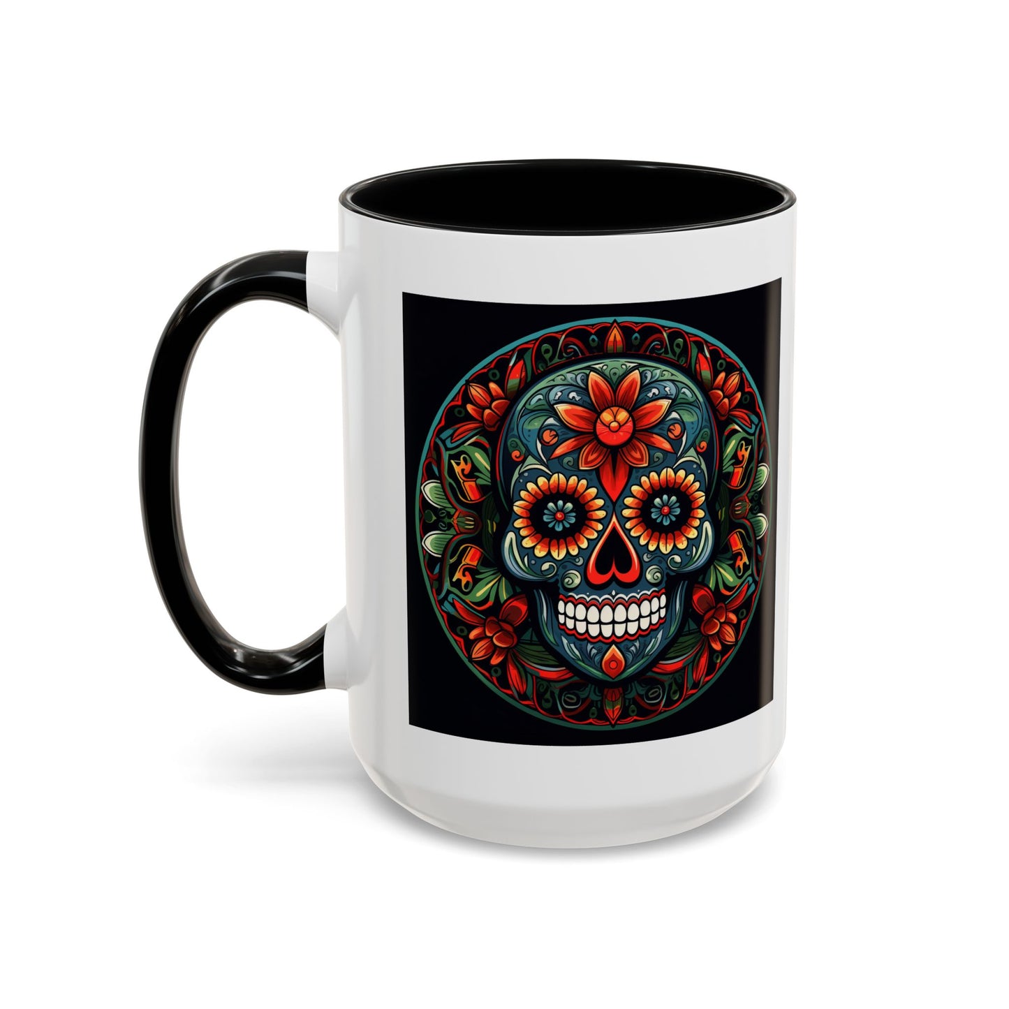 Day of the Dead Mandala Ceramic Coffee Mug (11oz, 15oz) – White Ceramic with Colored Interior & Handle | Glossy Finish & Lead/BPA-Free