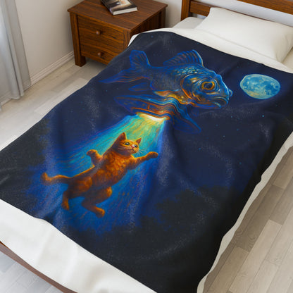 Take Me to Your Leader: Velveteen Plush Blanket with UFO & Goldfish Adventure