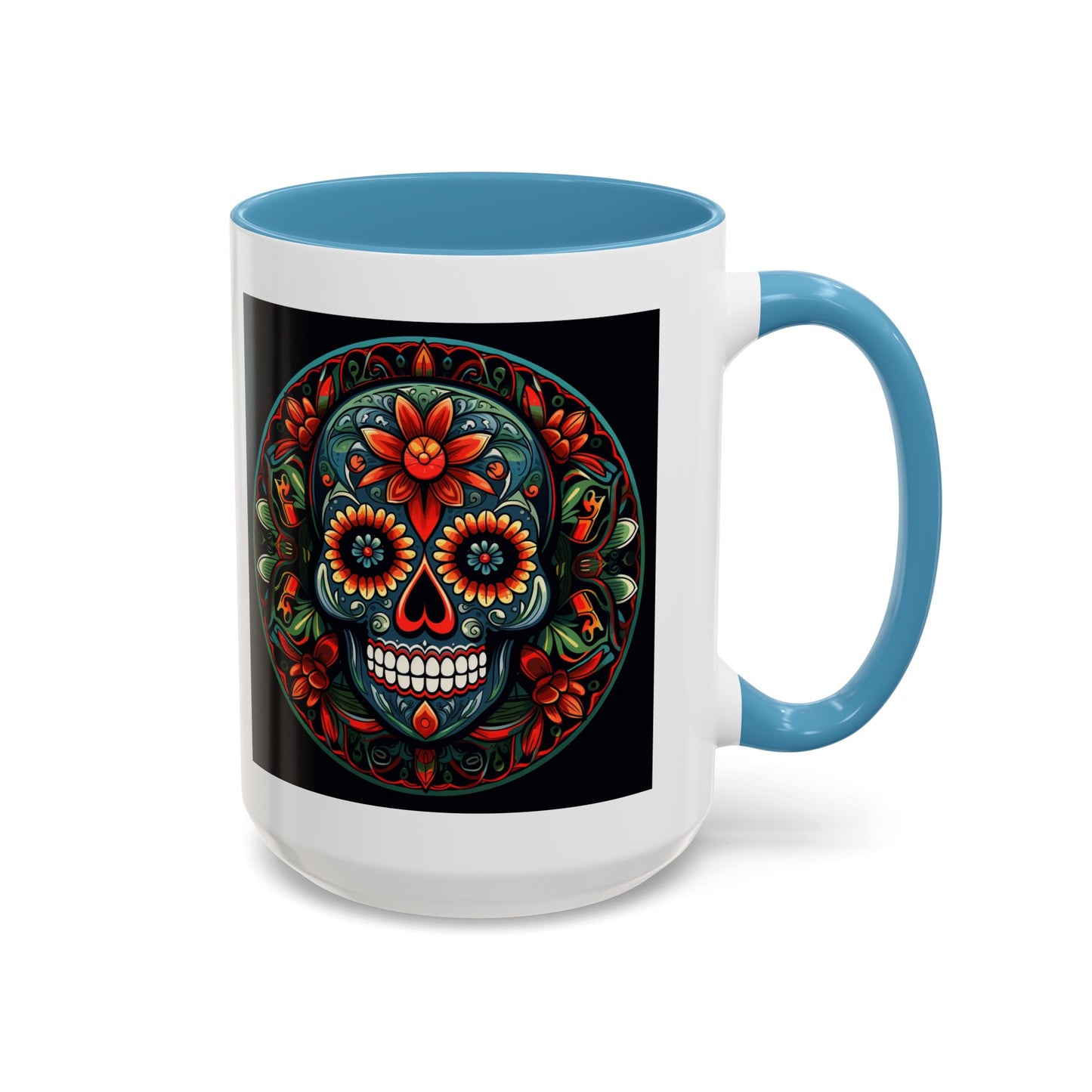 Day of the Dead Mandala Ceramic Coffee Mug (11oz, 15oz) – White Ceramic with Colored Interior & Handle | Glossy Finish & Lead/BPA-Free