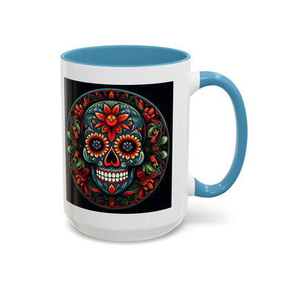 Day of the Dead Mandala Ceramic Coffee Mug (11oz, 15oz) – White Ceramic with Colored Interior & Handle | Glossy Finish & Lead/BPA-Free