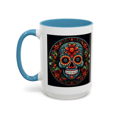 Day of the Dead Mandala Ceramic Coffee Mug (11oz, 15oz) – White Ceramic with Colored Interior & Handle | Glossy Finish & Lead/BPA-Free