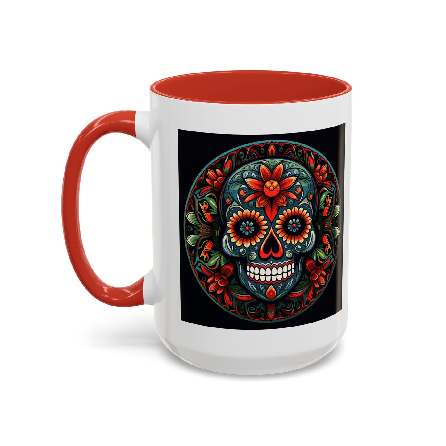 Day of the Dead Mandala Ceramic Coffee Mug (11oz, 15oz) – White Ceramic with Colored Interior & Handle | Glossy Finish & Lead/BPA-Free
