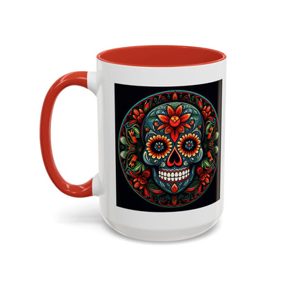 Day of the Dead Mandala Ceramic Coffee Mug (11oz, 15oz) – White Ceramic with Colored Interior & Handle | Glossy Finish & Lead/BPA-Free