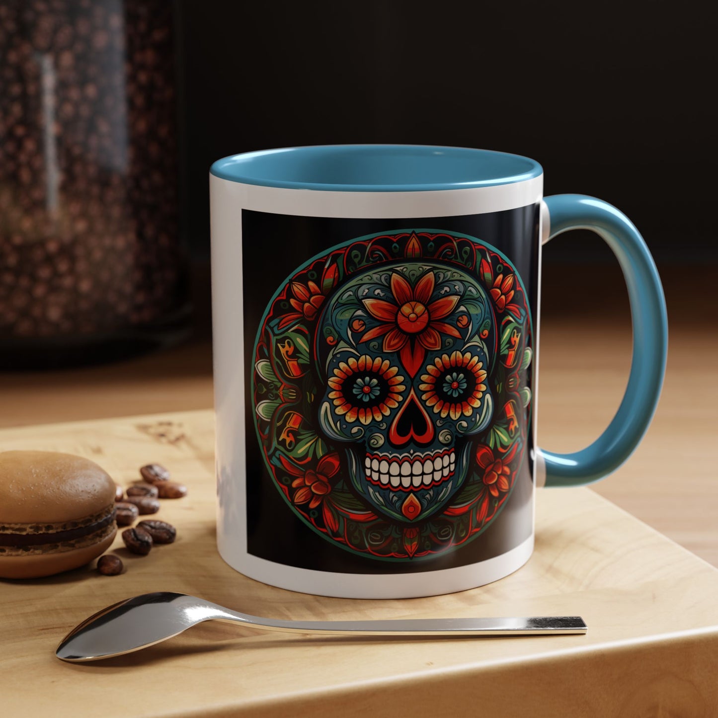 Day of the Dead Mandala Ceramic Coffee Mug (11oz, 15oz) – White Ceramic with Colored Interior & Handle | Glossy Finish & Lead/BPA-Free