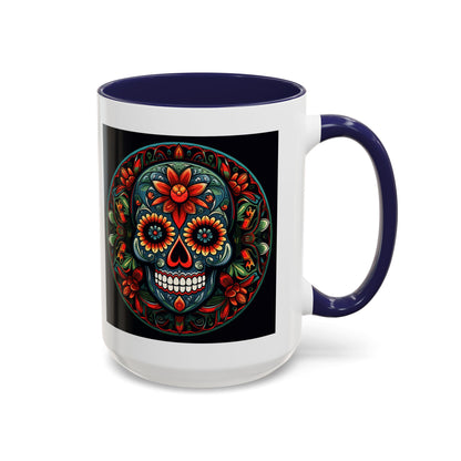Day of the Dead Mandala Ceramic Coffee Mug (11oz, 15oz) – White Ceramic with Colored Interior & Handle | Glossy Finish & Lead/BPA-Free