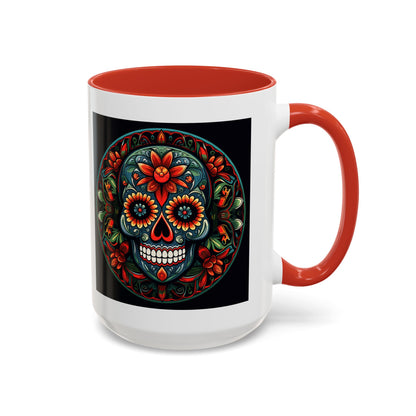 Day of the Dead Mandala Ceramic Coffee Mug (11oz, 15oz) – White Ceramic with Colored Interior & Handle | Glossy Finish & Lead/BPA-Free