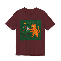Cat Attacking a Christmas Tree Unisex Jersey Short Sleeve Tee – Playful Design for Festive Style