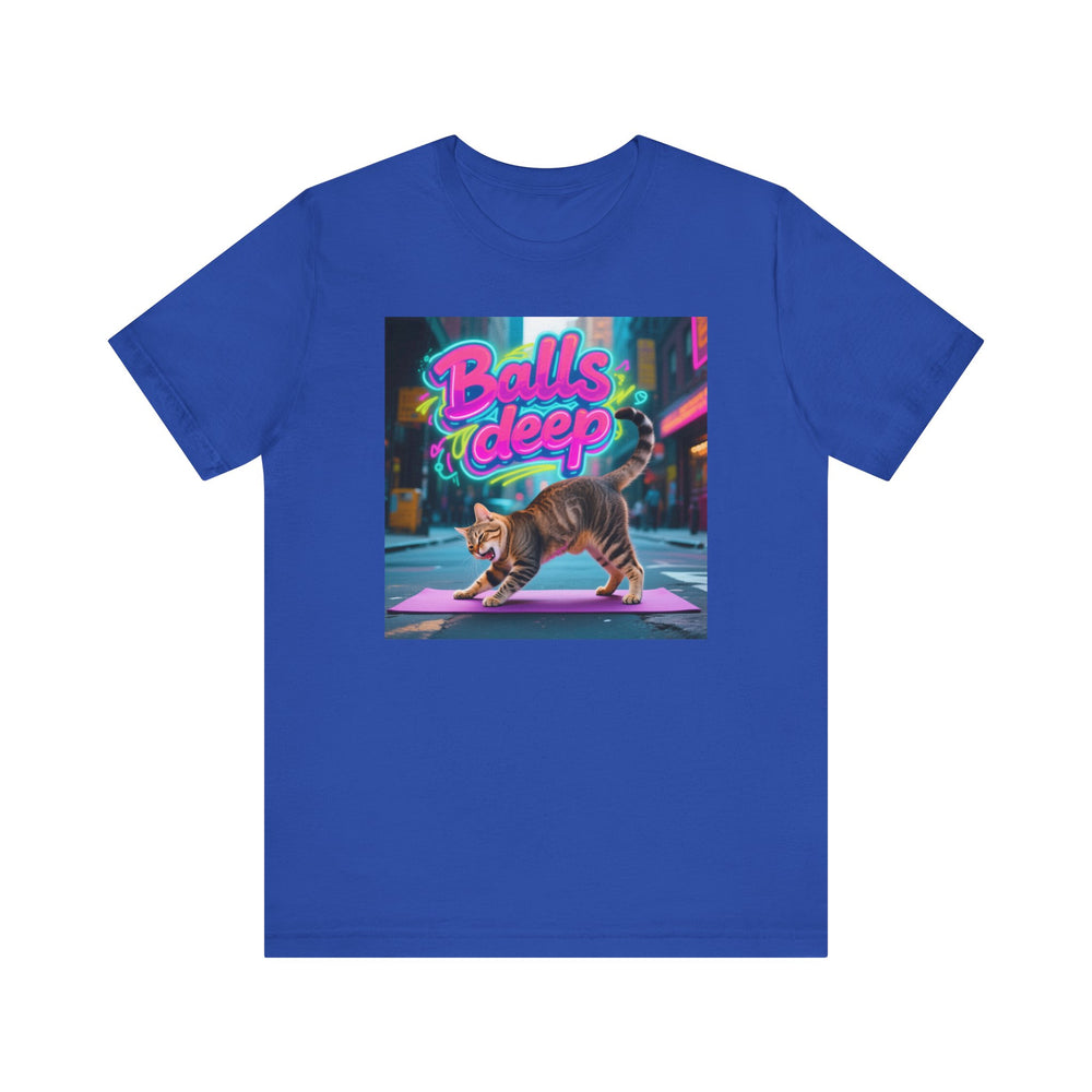 Balls Deep Yoga Cat T-Shirt - Unisex Jersey Short Sleeve Tee - Playful Feline Yoga Graphic Shirt
