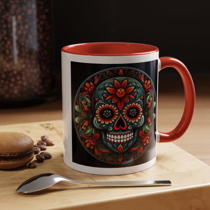 Day of the Dead Mandala Ceramic Coffee Mug (11oz, 15oz) – White Ceramic with Colored Interior & Handle | Glossy Finish & Lead/BPA-Free