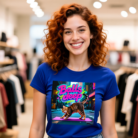 Balls Deep Yoga Cat T-Shirt - Unisex Jersey Short Sleeve Tee - Playful Feline Yoga Graphic Shirt