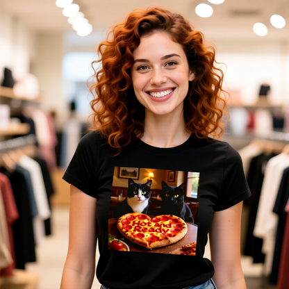 Love At First Slice Cat Pizza Date T-Shirt - Unisex Jersey Short Sleeve Tee - Funny Cat Lover Graphic Shirt