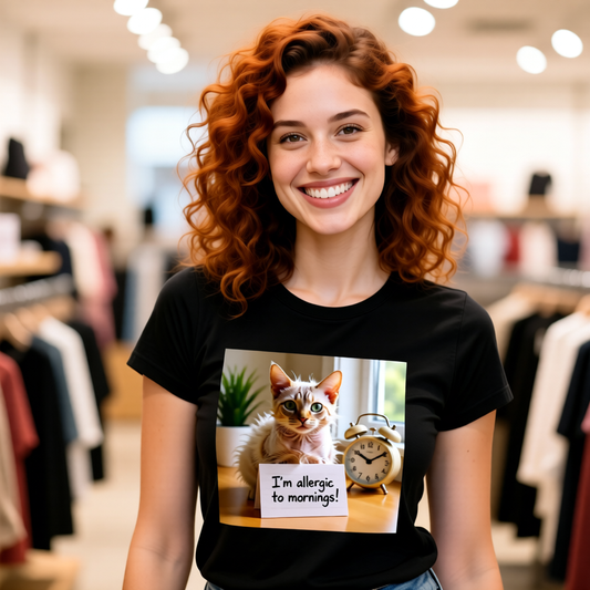 I'm Allergic to Mornings Cat T-Shirt - Unisex Jersey Short Sleeve Tee - Funny Grumpy Cat Graphic Shirt