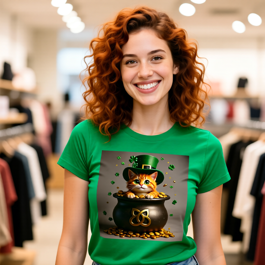 Pot of Gold Cat T-Shirt - Unisex Jersey Short Sleeve Tee - Whimsical Mythical Treasure Graphic Shirt
