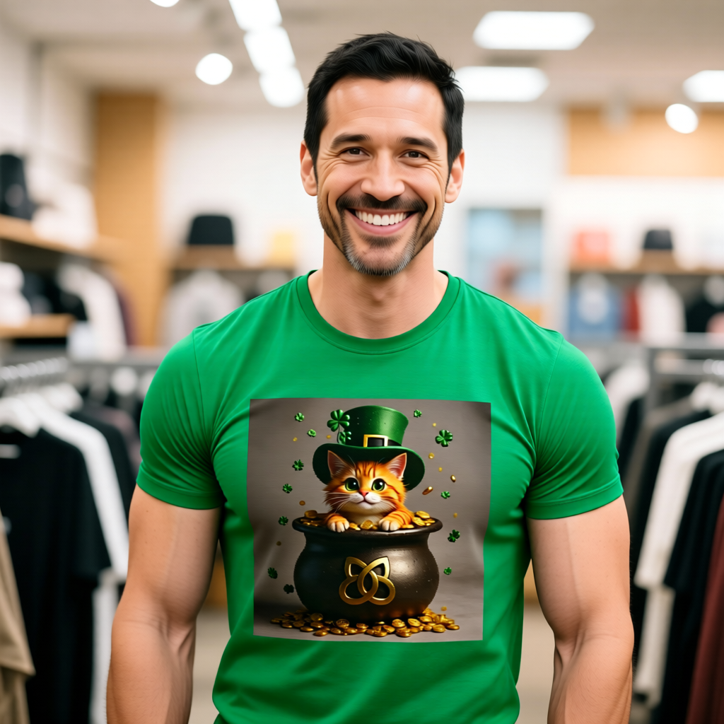 Pot of Gold Cat T-Shirt - Unisex Jersey Short Sleeve Tee - Whimsical Mythical Treasure Graphic Shirt