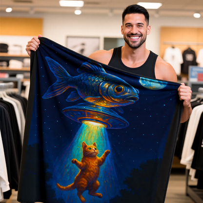 Take Me to Your Leader: Velveteen Plush Blanket with UFO & Goldfish Adventure