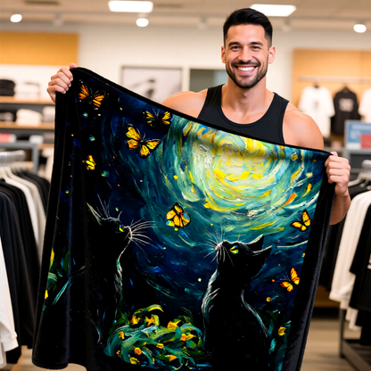 Two Cats Staring at a Starry Sky Velveteen Plush Blanket – Cozy Design for a Warm Atmosphere