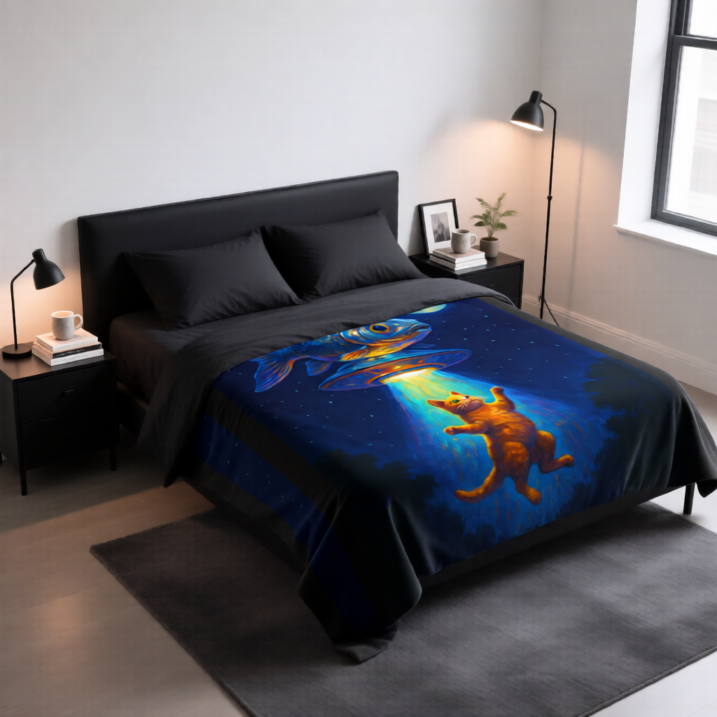 Take Me to Your Leader: Velveteen Plush Blanket with UFO & Goldfish Adventure