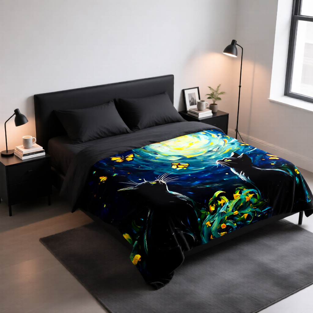 Two Cats Staring at a Starry Sky Velveteen Plush Blanket – Cozy Design for a Warm Atmosphere